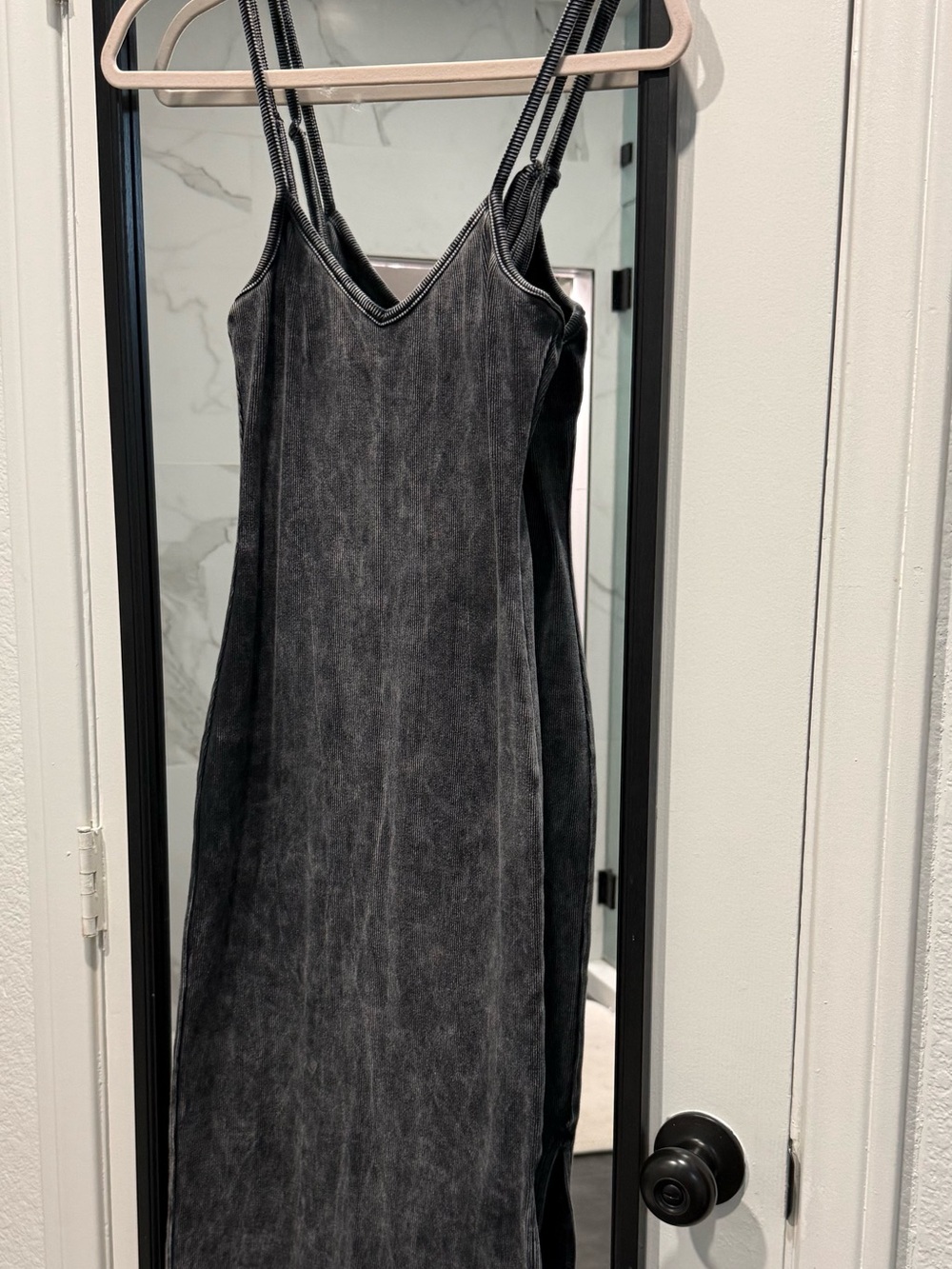Lulus Basic Bae Washed Black Ribbed Bodycon Midi Dress.